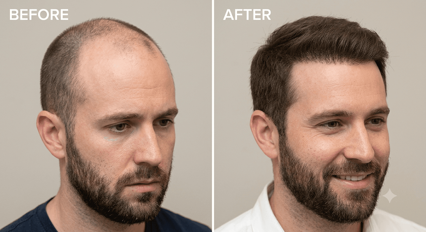Before and after hair transplant photo generated by HairFlow's AI preview